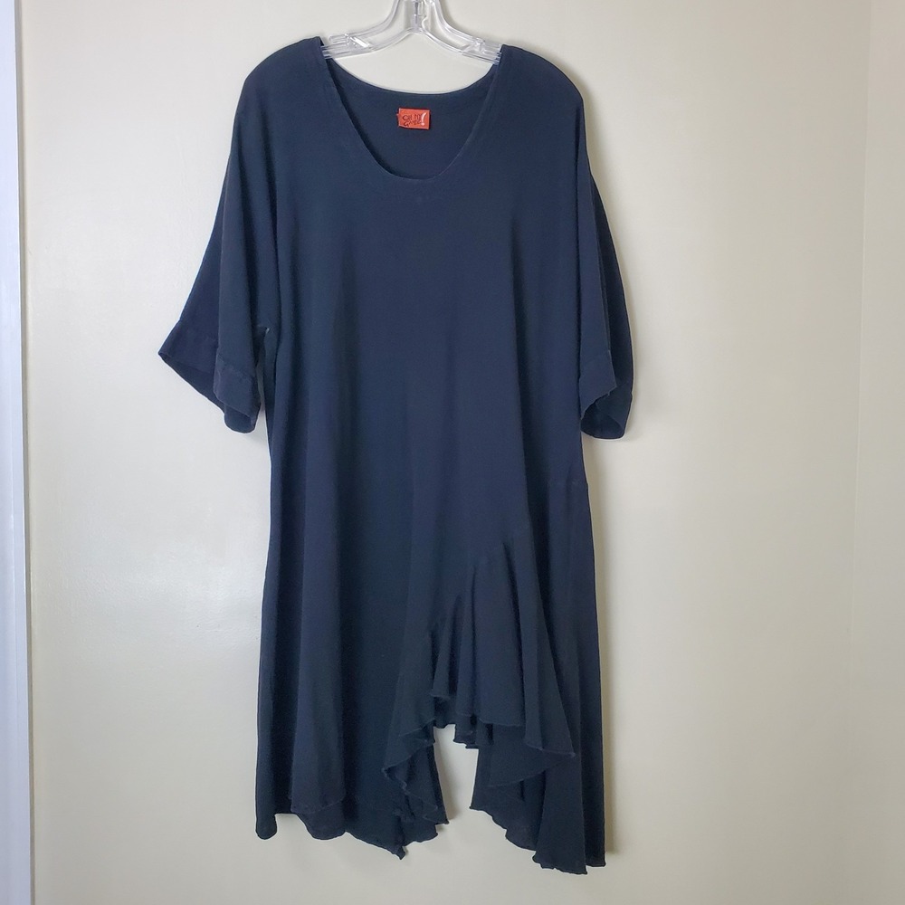 Oh My Gauze Black Tunic Dress Ruffle Asymmetrical Hem Short Sleeve 2 Large XL